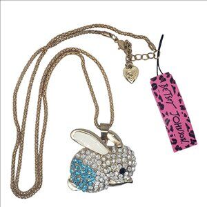 Betsey Johnson Blue Rhinestone Bunny Necklace 28” NWT